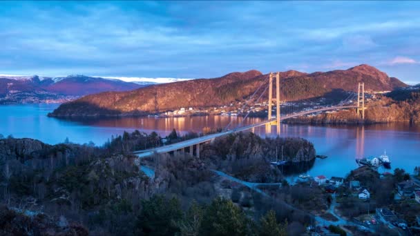 Day Night Time Lapse Transition View Stongafjellet Askoybroen Askoy Bridge — Stockvideo