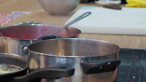 Close Gimbal Shot Hands Stirring Food Pot Fork — ストック動画