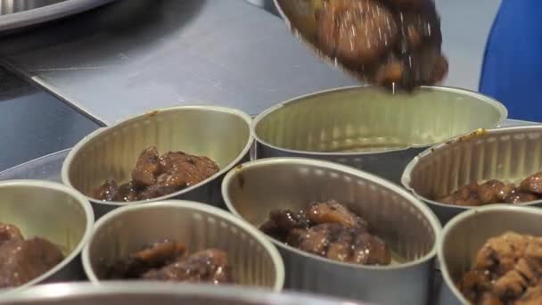 Hands Putting Diced Meat Mushrooms Tasting Cups Static Close — Vídeo de stock