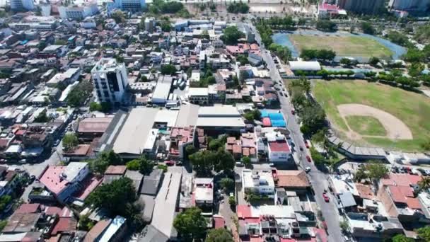Downtown Puerto Vallarta Sunny Day Blue Ocean Coastline Mexico Aerial — Stockvideo