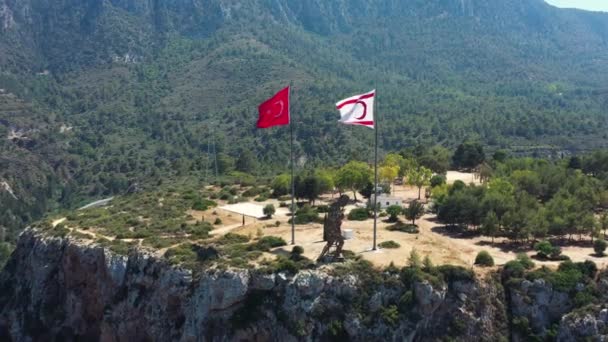 Drone Flight Top Mountain Flags Turkey Turkish Republic Cyprus — 비디오