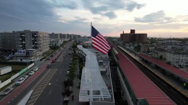 Aerial View Strip Mall Roof Elevated Train Station Drone Camera — Stock video