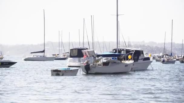 Boats Bobbing Water Little Bay Mooring Anchor — Vídeos de Stock
