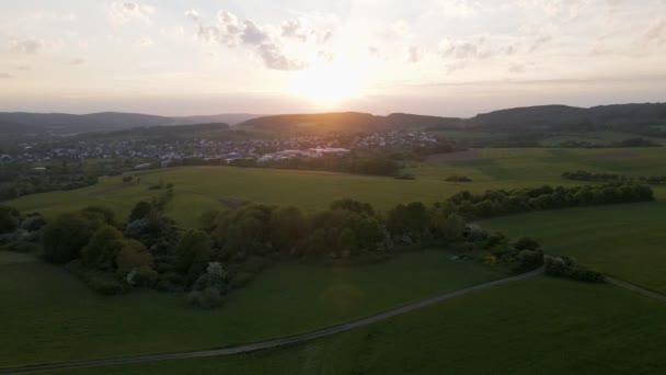 Aerial Slider View Vibrant Sunset European Countryside Spring — Vídeo de Stock
