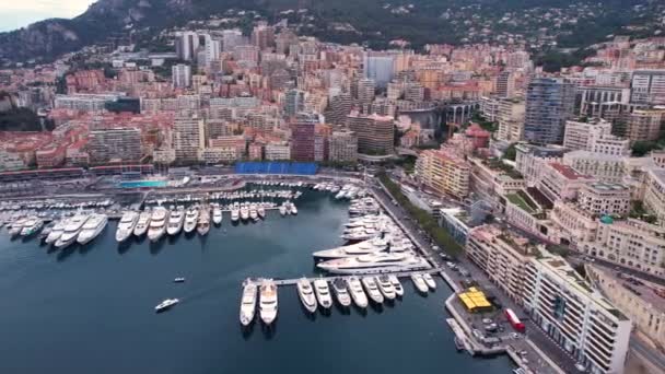 Monte Carlo Monaco Drone Aerial View Cityscape Port Buildings Upscale — Stock Video