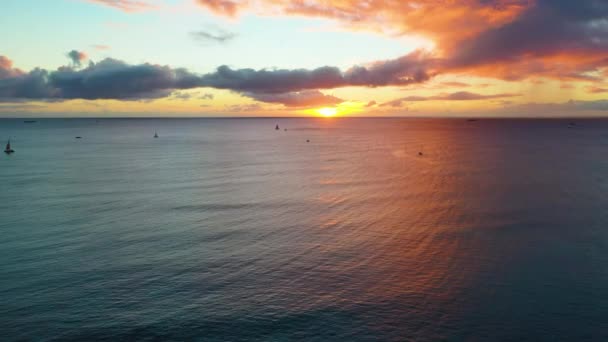 Aerial Drone View Peaceful Sunrise Ocean Waves Boats Sailing Colorful — Vídeo de Stock