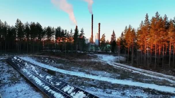 Aerial View Low Frosty Solar Cells Smoking Chimneys Sunset Scandinavia — Stockvideo