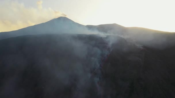 Hot Lava Magma Revealing Drone Shot Smoke Steam Rising Active — Vídeos de Stock