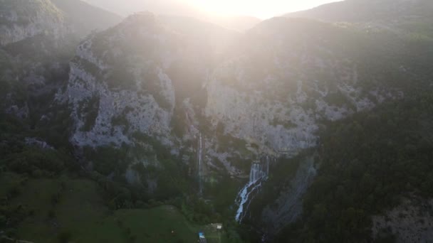 Drone Shot Sotira Waterfall While Sun Setting Albania — Video