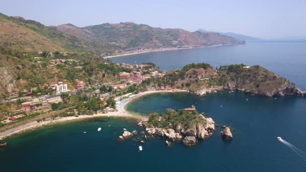 Drone Shot Isola Bella Coastline Ionian Sea Boats Water Taormina — Stock video