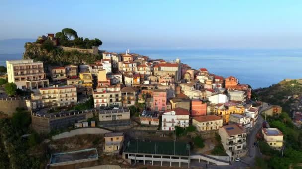 Drone Shot Flying Castelmola Homes Buildings Built Natural Terrace Sicily — ストック動画