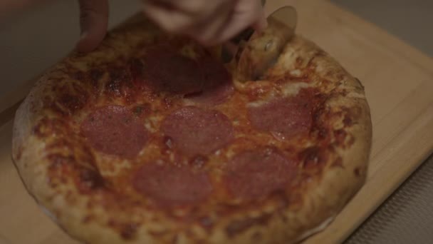 Pepperoni Pizza Wooden Board Being Sliced Pizza Cutter 240 Fps — Stock Video