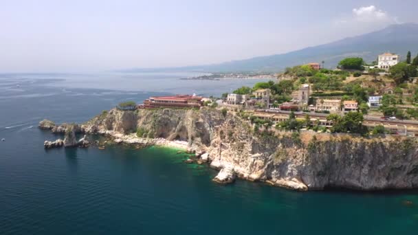 Aerial Shot Isola Bella Coastline Ionian Sea Taormina Sicily Southern — 비디오