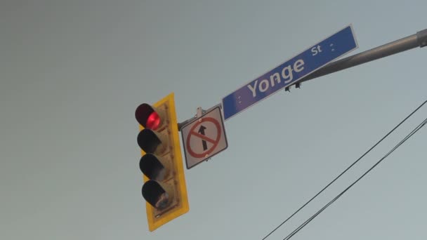 Red Traffic Light Yonge Street Grayish Sky Background Northern Ontario — Vídeo de stock