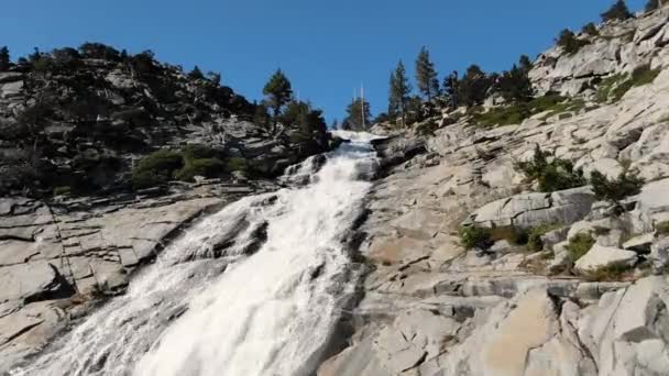Slow Stabilized Drone Cinematic Shot Flying Massive Waterfall California Wilderness — Video Stock