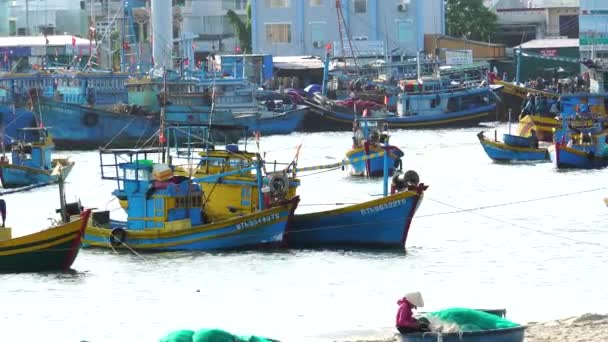 Zoom Out Revealing Several Fishing Ships Shore Vietnamese City Phan — Video