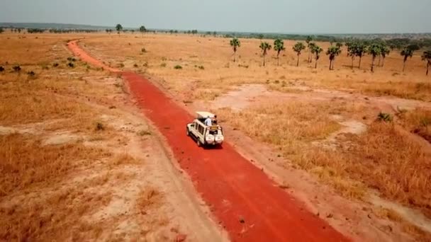 アフリカのサバンナのトレイルを走行するオープンルーフ付き4 4ビークルの中に立つ人々 空中進入 — ストック動画