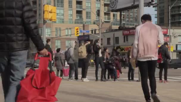 Busy City People Walking Cars Driving Traffic Lights Tall Buildings — Video