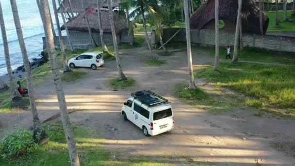 White Camper Van Parked Coconut Tree Field Overlooking Beach Bali — Stockvideo