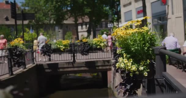 Street Train Trolley Passing Tourists Street Catherdral Downtown Colmar France — Stock Video