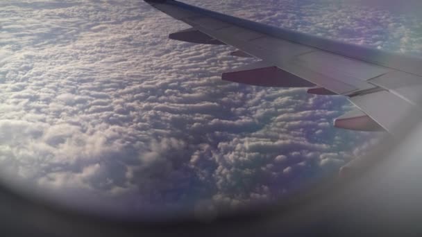 Pesawat Terbang Melayang Atas Awan Hari Yang Cerah Bepergian Melalui — Stok Video