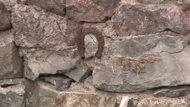 Rusty Horseshoe Embedded Stone Wall Nicholas Panteleimon Chapel Bulgarian Mountains — Stock Video
