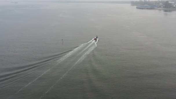 Aerial Drone Follow Shot Capturing Traditional Fishing Boat Sailing Sea — стоковое видео