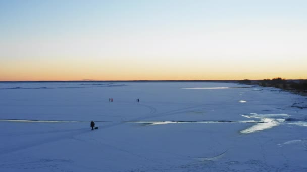 Person Drags Sled Snow Sunrise Aerial View — Video Stock