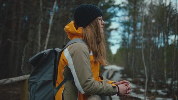 Female Hiker Enjoys Forest View Walks Away Slow Motion — Video Stock