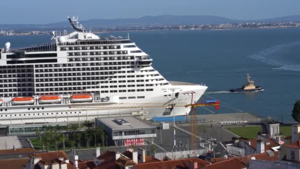 Big Cruise Ship Moored Lisbon Cruise Terminal Tagus River Small — Stockvideo