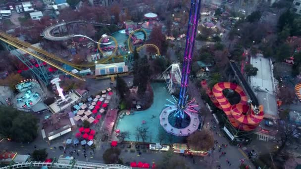 Aerial Rising Fantasilandia Amusement Park Rollercoasters Rides Extreme Games Higgins — Vídeos de Stock