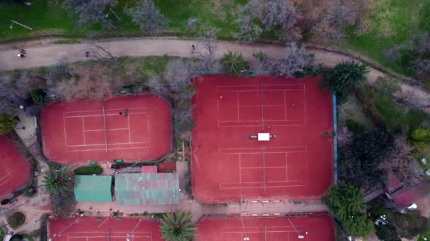 Static Aerial Overhead View Red Clay Tennis Courts People Playing — Stockvideo