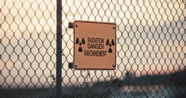 Close Nuclear Radiation Danger Sign Barbed Wire Perimeter Fence Contaminated — Stockvideo