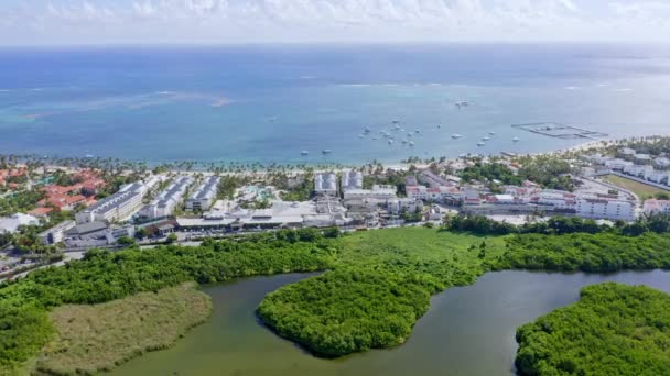 Aerial Panoramic View Laguna Bavaro Wildlife Refuge Gulf Coastline Punta — Stockvideo