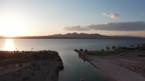 Wide Aerial Push Shot Pirate Ship Docked End Boat Channel — Wideo stockowe