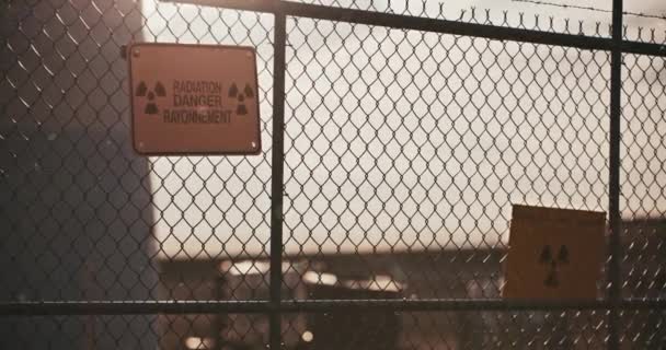 Wide Shot Nuclear Radiation Danger Signs Barbed Wire Perimeter Fence — Vídeo de Stock