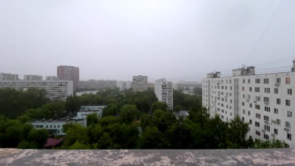 Wide Angle View Out Window Soviet Residential Building Heavy Rain — ストック動画