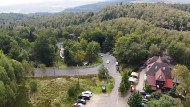 Sports Cars Driving Sharp Bending Highway Czech Forests Drone — Wideo stockowe