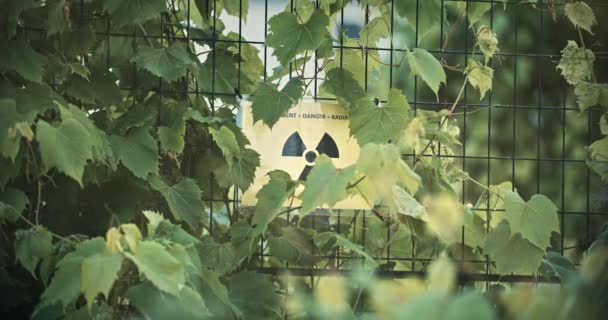 Plants Covering Nuclear Radiation Danger Sign Overgrown Perimeter Fence Exclusion — Vídeos de Stock