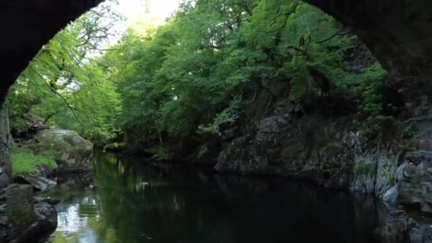 Wales Fairy Tale Bridge Drone Pullback Reveal River Woman Standing — Vídeos de Stock