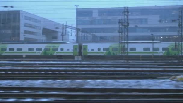 Pov Two Moving Trains Urban Multiline Railway Zoom — Stockvideo
