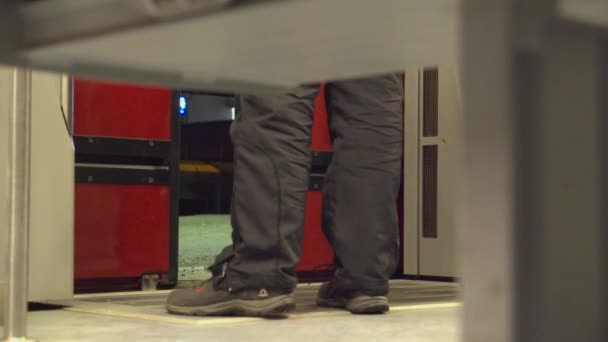 Low Angle View Feet Legs Passengers Enter Exit Transit Train — Stok Video
