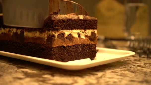 Cutting Slice Basic Chocolate Tuxedo Cake Home Slow Motion Close — Stock Video