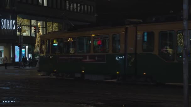 Electric Street Tram Rides Rails Festive Lights Helsinki Fin — Stockvideo