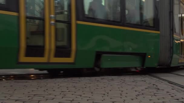 Articulated Street Car Tram Rides Rails City Cobble Stone Streets — Vídeo de stock