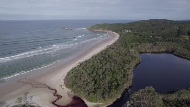 茶树湖 四周环绕着清澈的绿茶林 澳大利亚新南威尔士州拜伦湾的断头海滩 慢慢倾斜 — 图库视频影像