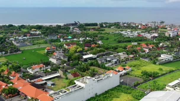 Green Landscape Berawa Bali Cloudy Day Coastline Distance Aerial — Video Stock