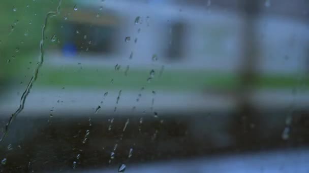 Water Drops Window Defocused Train Overtaken Winter Day — стоковое видео