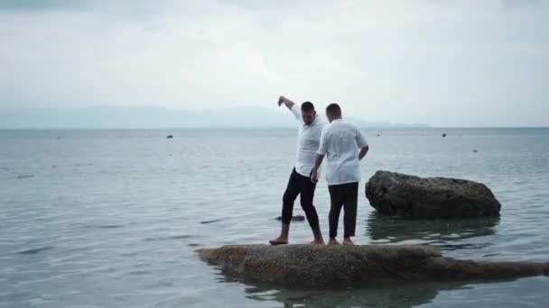 Joyful Gay Couple Has Fun Dancing Rock Shallow Water Holding — Stock video