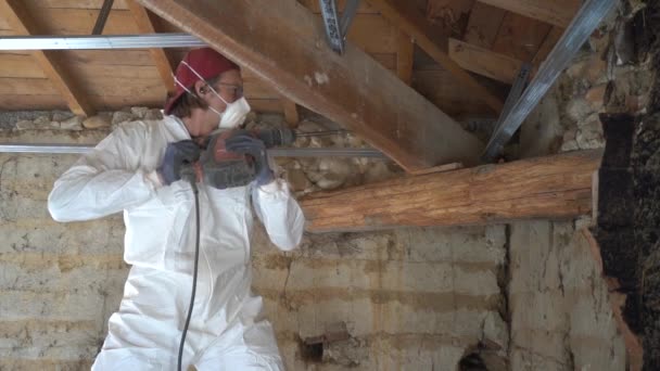 Man Cleaning Dead Wood Infested Wood Boring Insects Using Electric — 图库视频影像